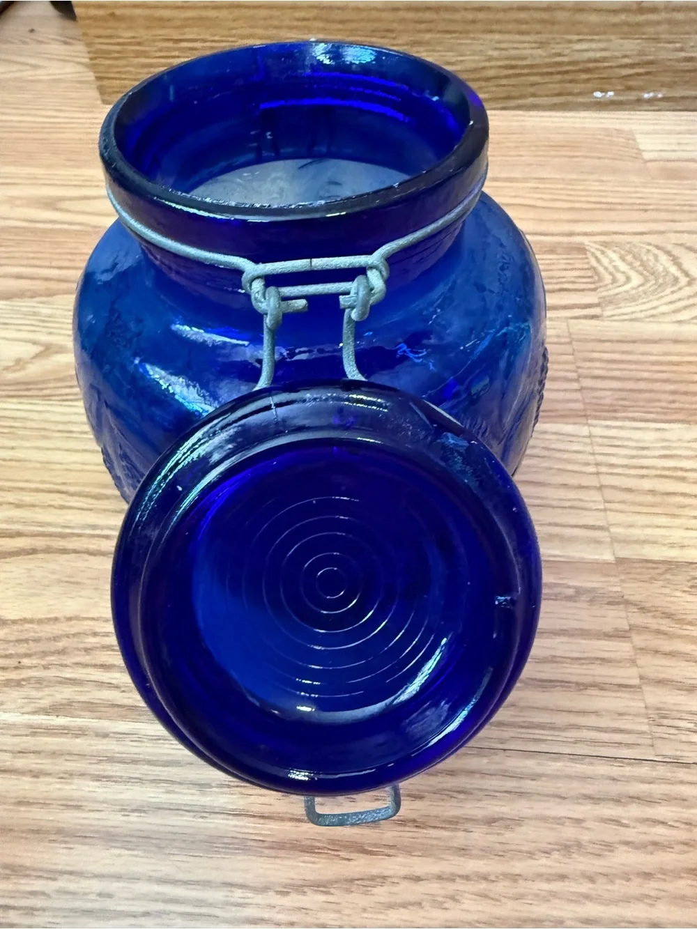 Vintage Italian Cobalt Blue Glass Canister, Embossed Grapevine Jar, Swing lid